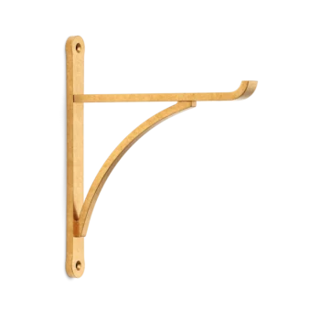 Gold colored wall mounted bracket with a curved support for a clothesline mounting posts on top and bottom for rope attachment