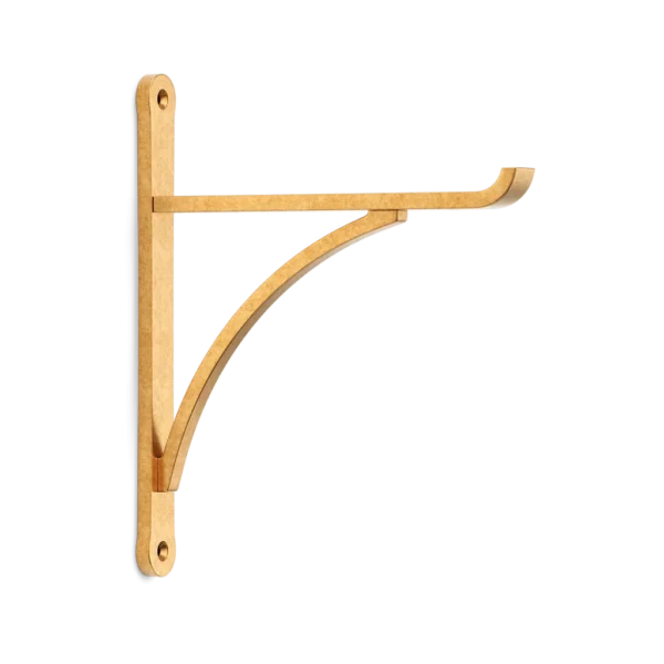 Gold-colored wall-mounted bracket with a curved support for a clothesline, mounting posts on top and bottom for rope attachment.