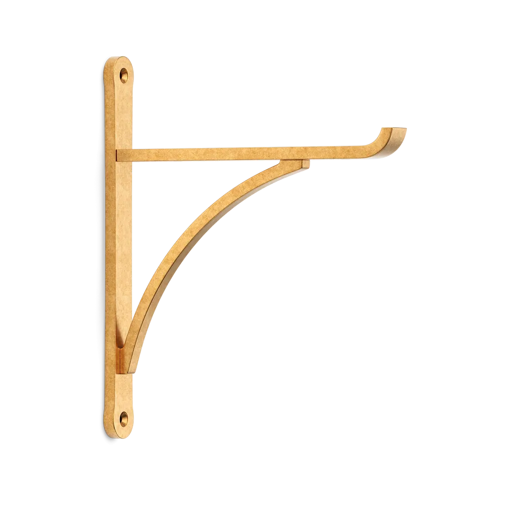 Gold-colored wall-mounted bracket with a curved support for a clothesline, mounting posts on top and bottom for rope attachment.