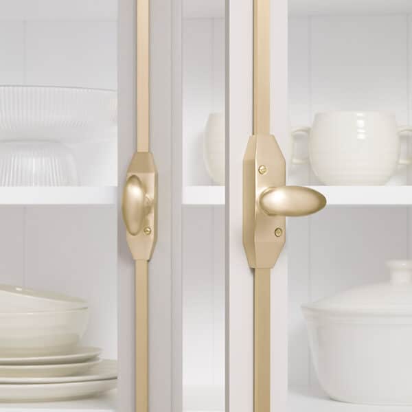 Glass-front kitchen cabinet with gold hardware, showing white plates and bowls inside behind the doors.