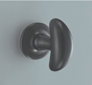 Close up of a dark metal door knob mounted on a light blue wallVisually descriptive and concise for accessibility purposes You could also include the color of the wall for context if needed by the page context