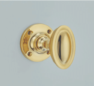 Polished brass door knob with a round backplate mounted on a light blue door
