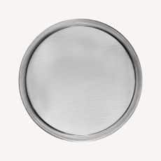 Round metal lid viewed from above showing a raised rim and brushed finish