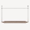 Industrial clothing rack with a wooden shelf and chrome metal frame, empty.