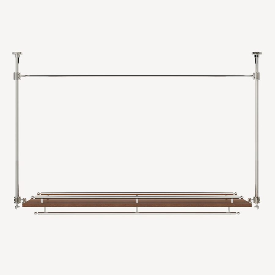 Industrial clothing rack with a wooden shelf and chrome metal frame, empty.