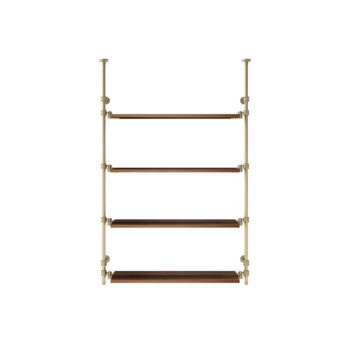 Industrial ladder style shelf with five wooden rungs and beige metal uprights