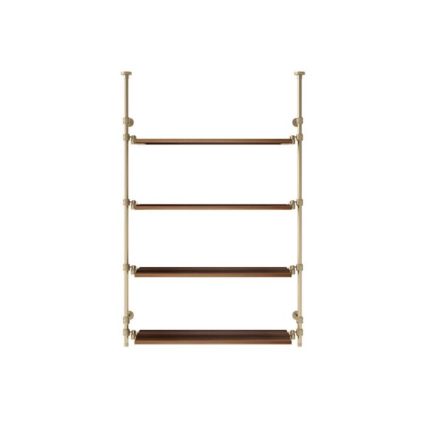 Industrial ladder-style shelf with five wooden rungs and beige metal uprights.