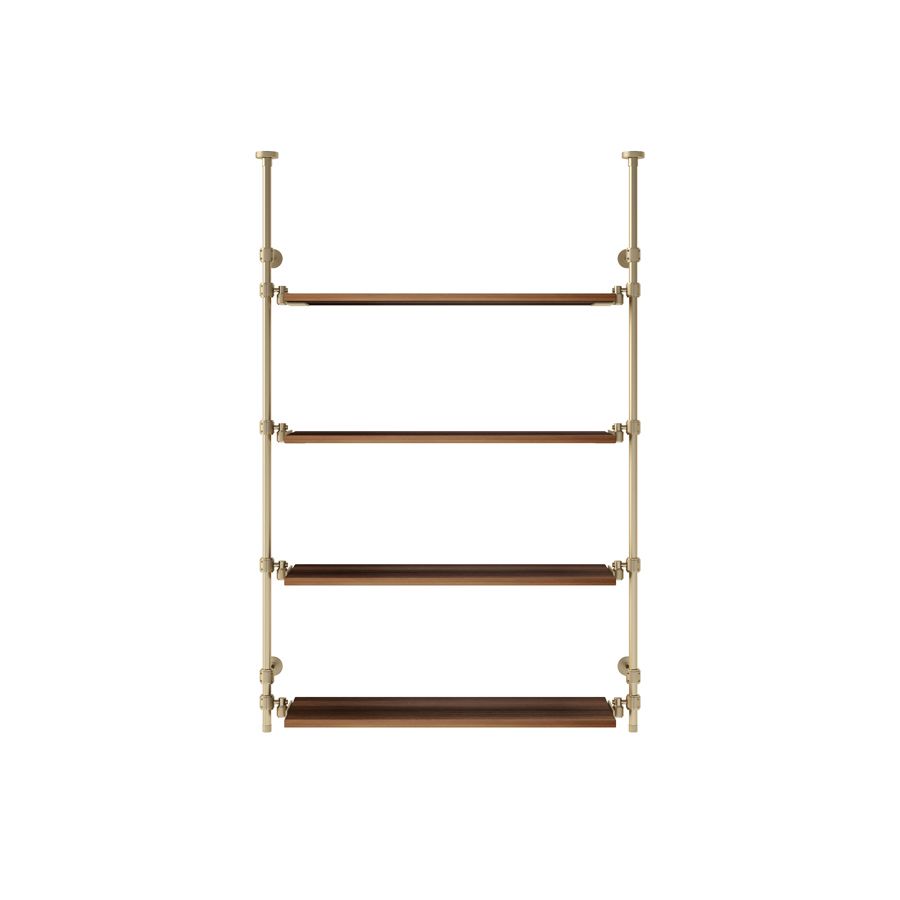 Four-tier wooden ladder shelf with a brass frame
