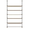 Ladder-style shelving unit with five wooden shelves and a black metal frame, standing upright with small feet at the base.