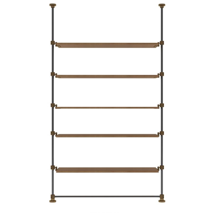 Ladder-style shelving unit with five wooden shelves and a black metal frame, standing upright with small feet at the base.
