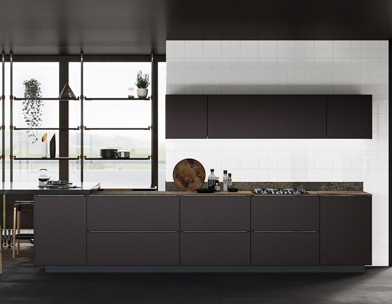 Modern dark kitchen with island, open metal shelving, and a large window wall showing outdoors.