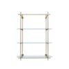 Brass-framed glass shelving unit with four clear glass shelves and round wall mounts on a white background