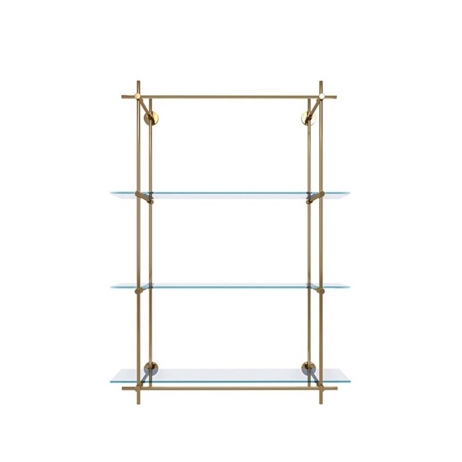 Brass-framed glass shelving unit with four clear glass shelves and round wall mounts on a white background