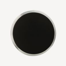 Close up of a black circular disk with a metal rim viewed from above