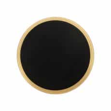 Round black chalkboard with a light wooden frame on a white background resembling a signplate